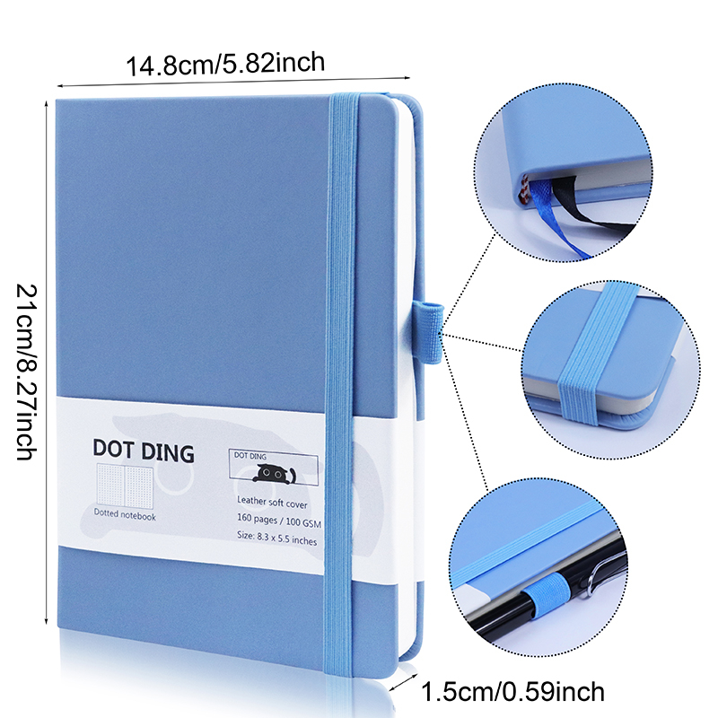 A5 PU Diary Dot Matrix Notebook Black Blue Leather Cover Paper 160 Pages School Office Supplies Stationery