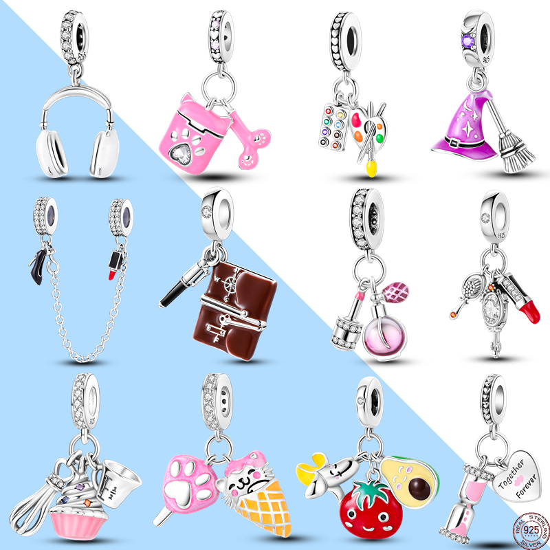 Brand New 925 Sterling Silver Fashion Charm Music Earphone Perfume Lipstick Notebook Pendant Pendant Bead Safety Chain Suitable for Original Pandora Bracelet DIY Women's Jewelry Gift