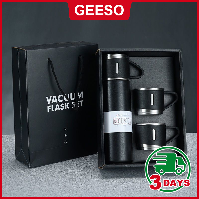 GEESO 500ML Thermal Flask Bottle Vacuum Cup Set 304 Stainless Steel Vacuum Flask Botol Double-Layer Vacuum Thermos Bottle Travel Mug Business Trip Water Bottle With Cup Set Gift Set Thermos Hot Cold Water Botol Air 保温杯礼盒 保温壶套装