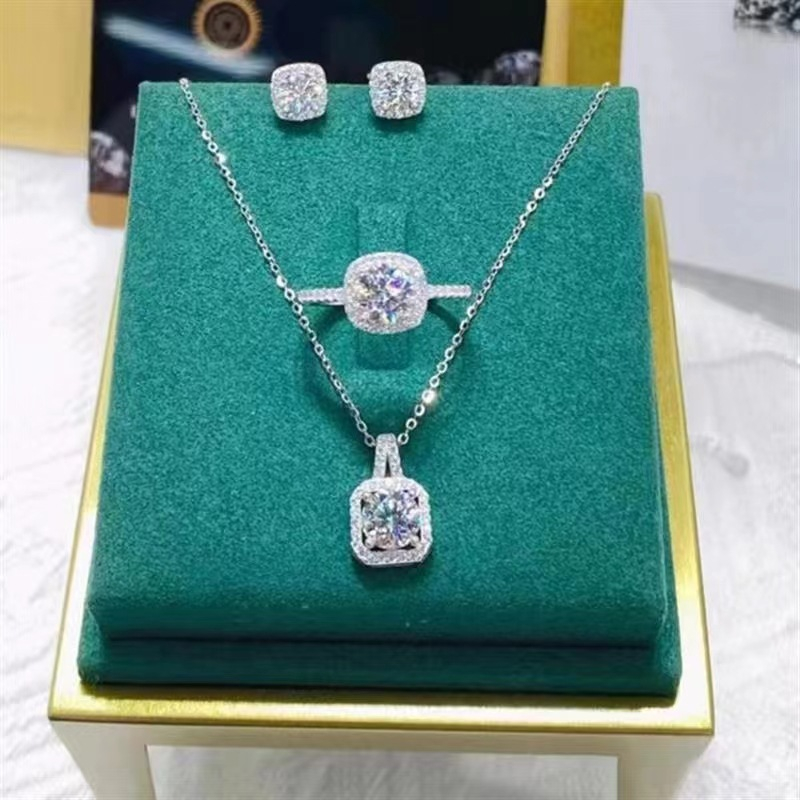 Three Piece Temperament Square Necklace Earring Ring Japanese and Korean Zircon Pendant Square Cut Colorful Zircon Inlaid Necklace