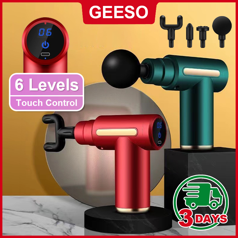 GEESO Mini Fascia Massage Gun 6 Speeds With 4 Massage Heads LCD Screen Digital Display Compact Size Portable Muscle Relaxation Device Silent Vibration Massage Fitness Gun 迷你筋膜枪