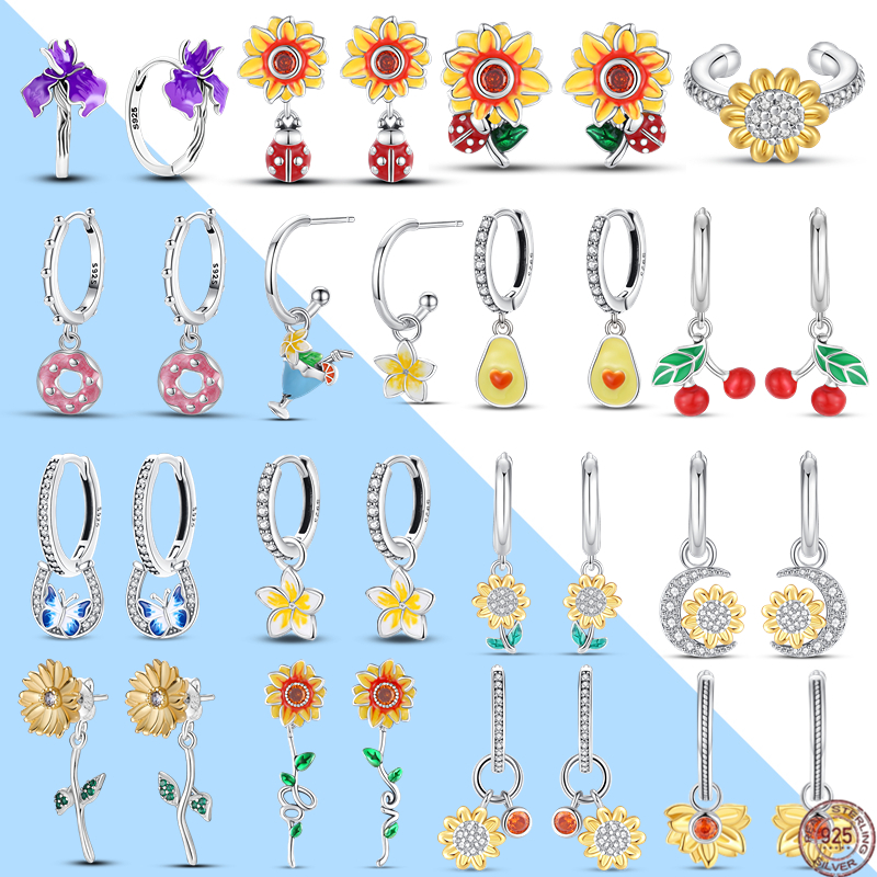 2023 New Style 925 Silver Flower Series Sunflower Daisy Butterfly Hook-Shaped Pendant Earrings Earrings DIY Suitable for Ladies Wedding Engagement Gift Customization