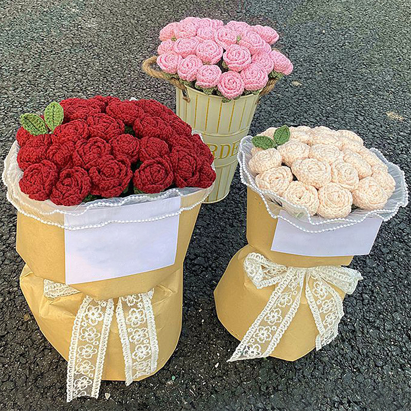 1pc Knitted Rose Flower Hand Knitting Crochet Fake Woven Flower Valentine's Day Boyfriend Girlfriend Gifts Wedding Party Decoration