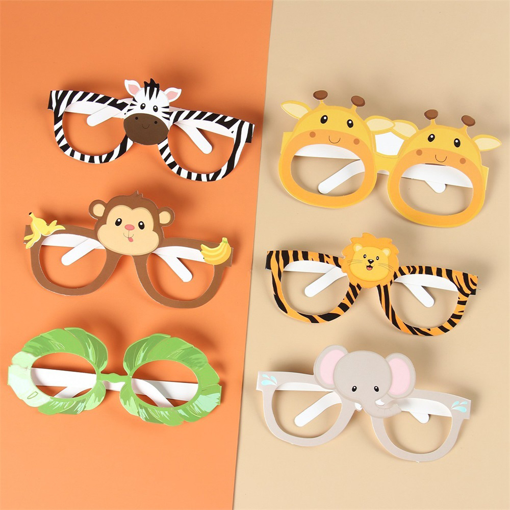 6pcs/set Cartoon Animal Theme Paper Glass Party Mask for Kids Jungle Safari Birthday Party Decorations Supplies Baby Shower