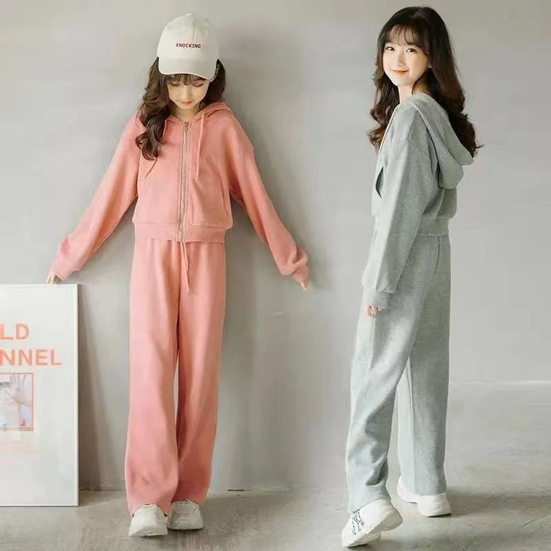 Lemon-Tree big children's clothing 3-15Y girls suit fashion new Korean version of loose solid color hooded wide-leg pants two-piece sui