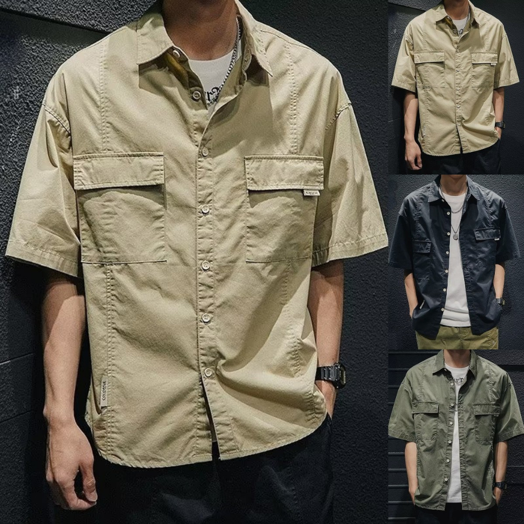 M-5XL Summer Military Big Size Khaki Man Shirt Tactical Vintage Multi Pocket Loose Casual Work Cargo Short Sleeve Shirt Men Baju Kemeja Lelaki Lengan Pendek Plus Size
