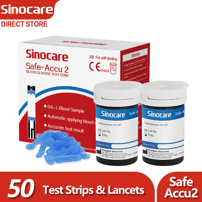 Sinocare Safe-Accu2 Blood Glucose Test Strips 50 Pcs and 50 Pcs Lancets Diabetes Test Kit (No monitor, suitable for Sinocare safe-accu2 glucometer)