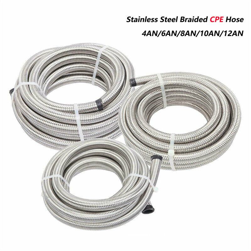 Universal Silver Fuel Hose Oil Gas Line AN4 AN6 AN8 AN10 AN12 AN16 Stainless Steel Braided Pipeline Brake Clutch Hoses Fuel Injection Line Engine Oil Cooler Hose Tube CPE Rubber