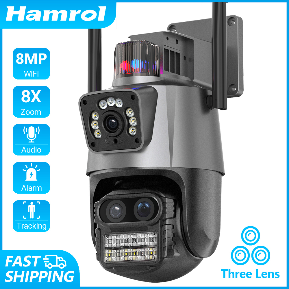 Hamrol Three Lens 4K 8MP Wireless Camera Gun Ball Linkage Color Night Vision Waterproof Home WiFi Monitoring Camera CCTV