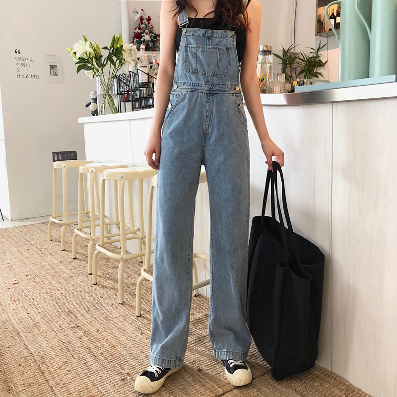 2024 New Korean Loose High Waist Jumpsuit Wide-Leg Jeans Overalls Women's Dungarees Straight Denim Pants Seluar Jean Overall