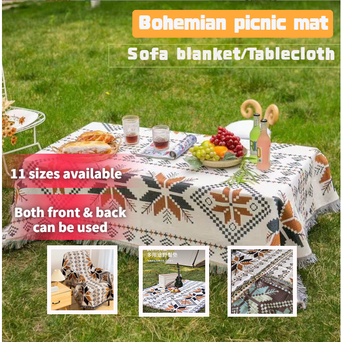 Outdoor camping blanket bohemian camping decorative tablecloth INS wind portable picnic mat camping tent floor mat ethnic wind slight moisture-proof camping blanket breathable soft large size phi blanket thickened double-sided set blanket