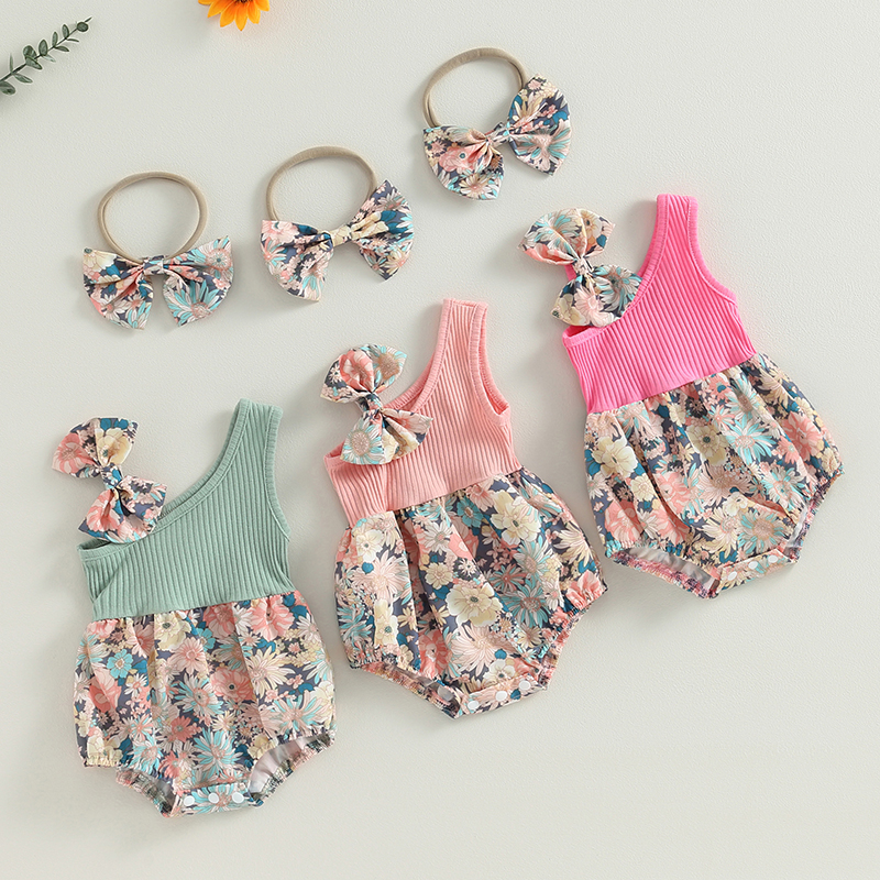 BABYGARDEN-0-18 months Baby Girl Outfits Summer Floral One Shoulder Romper and Stretch Headband Cute Clothes