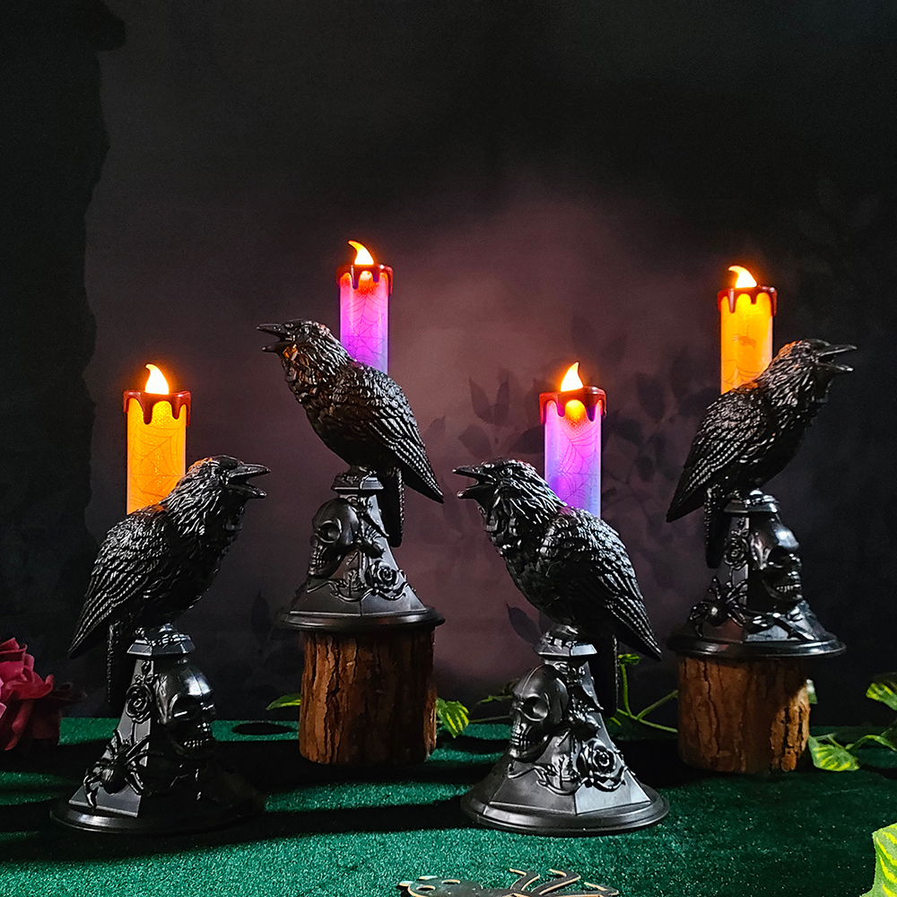 Halloween LED Lights Black Crow Holding Candle Lamp Holloween Party Table Decorations for Home Haunted House Prop Ornaments