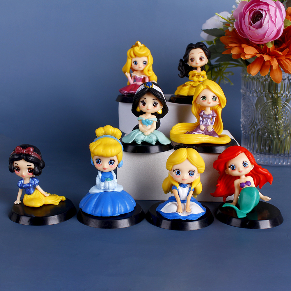 8Pcs/Set 6cm Disney Princess Anime Figure Tangled Cinderella Snow White Jasmine Aurora Q Version Cake Decoration PVC Action Figures Model Toys Doll Kids Gifts