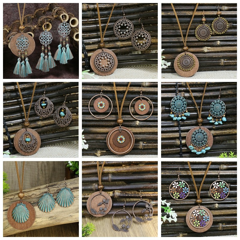 Ethnic Wooden Piece Flower Drop Earring Necklace Set Boho Turquoises Beads Tassel Long Rope Necklace Retro Clothing Accessories