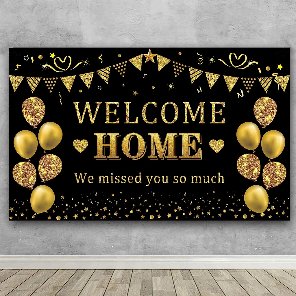 Welcome Home Photography Backdrop Black Gold Welcome Home Backdrops We Missed You So Much Party Decor, Family Reunion Patriotic Military Homecoming Returning Party Supplies