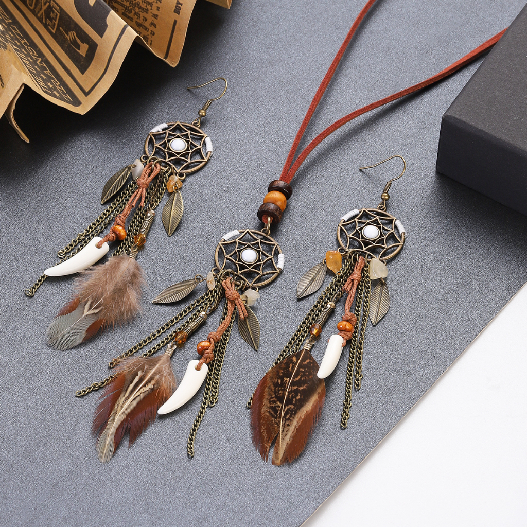 2pcs Bohemia Women's Hollow Dream Catcher Feather Tassel Earrings Sets Retro Alloy Leaf Stone Pendant Earrings Necklace Jewelry