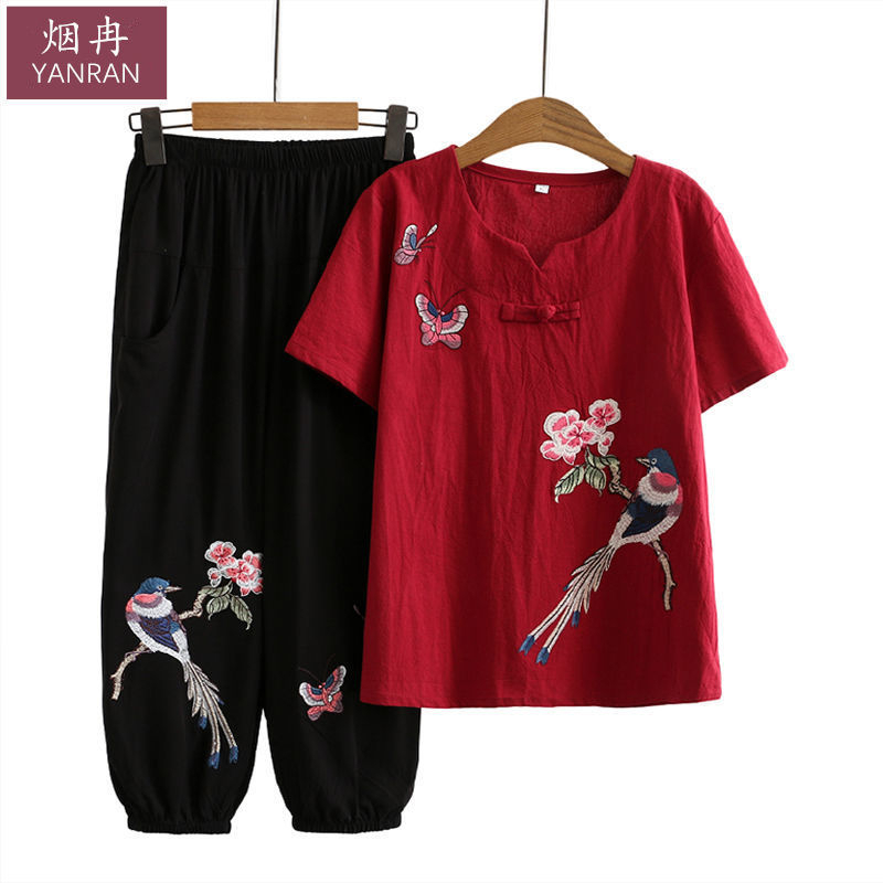 89 Middle-aged and elderly women's 2023 mom spring and summer T-shirt set vintage ethnic style cotton linen pants two-piece set suit（with big size）