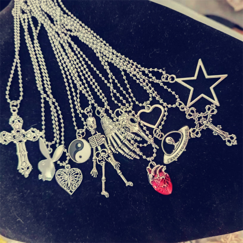 stainless steel beads chain zinc alloy pendant punk vintage fashion Heart cross Skeleton Star Pendant Necklaces For Women Men