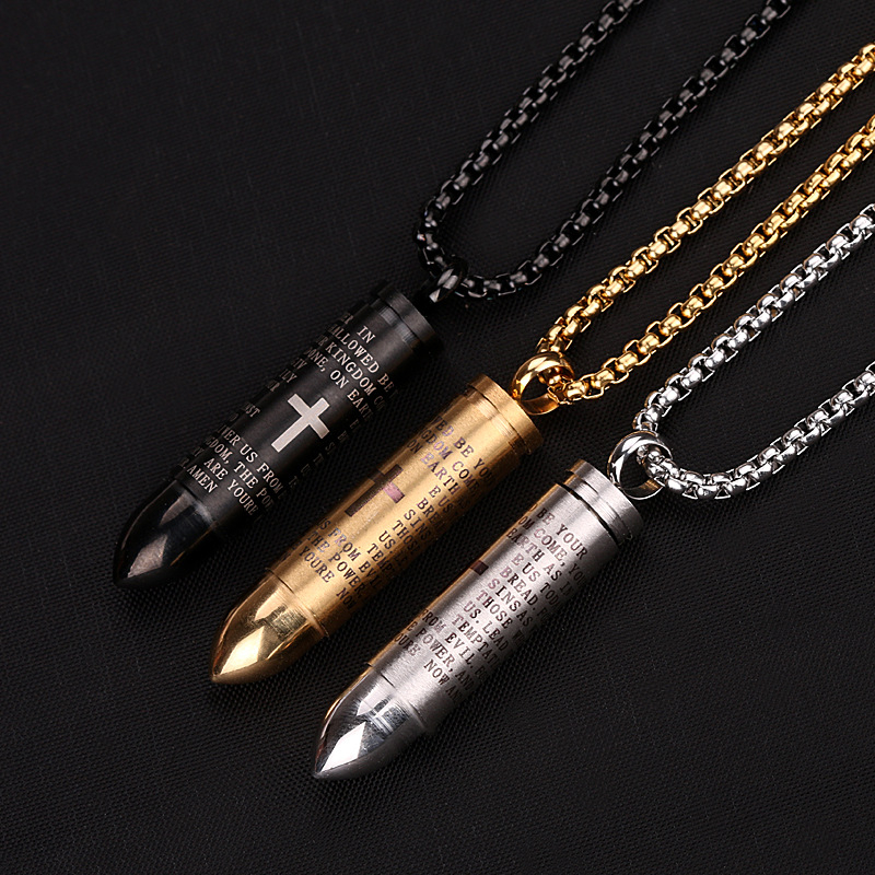 Cross Pendant Necklace for Men Black Gold English Urn Lord's Prayer Stainless Steel Ash Memorial Bullet Chain Stainless Steel Locket Nice Gifts