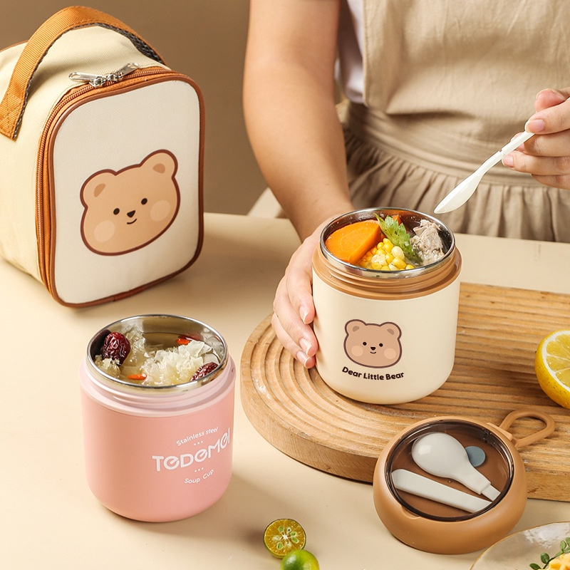 HYD 530ML Thermos Flask Soup Container Porridge Warmer Food Container 304 Stainless Steel Lunch Box with Spoon Bag 汤杯 小熊杯