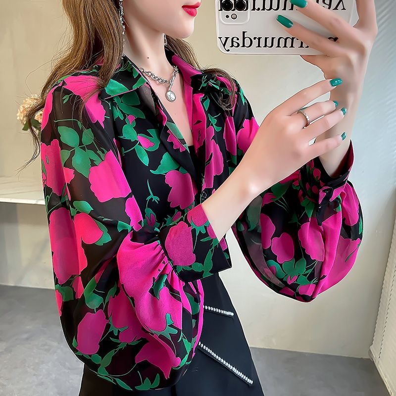 Women's new flower print long sleeve chiffon shirt summer casual loose lapel lantern sleeve blouse all-match retro top fashionable women's clothing