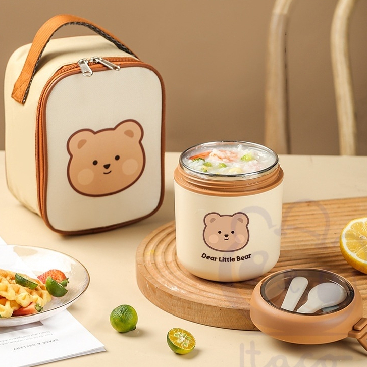 angdaymall DEAR BEAR 530ML Thermos Flask Soup Container Porridge Warmer Food Container 304 Stainless Steel Lunch Box with Spoon Bag