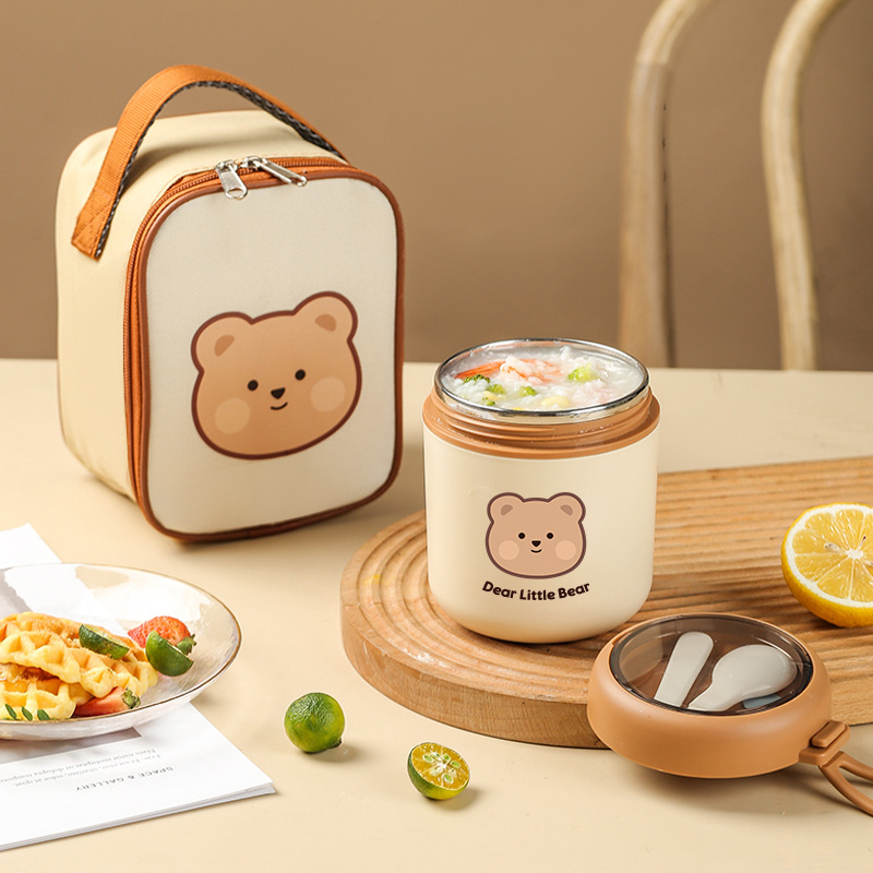 【EOOE 】530ML Thermos Flask Soup Container Porridge Warmer Food Container 304 Stainless Steel Lunch Box with Spoon Bag 小熊汤杯