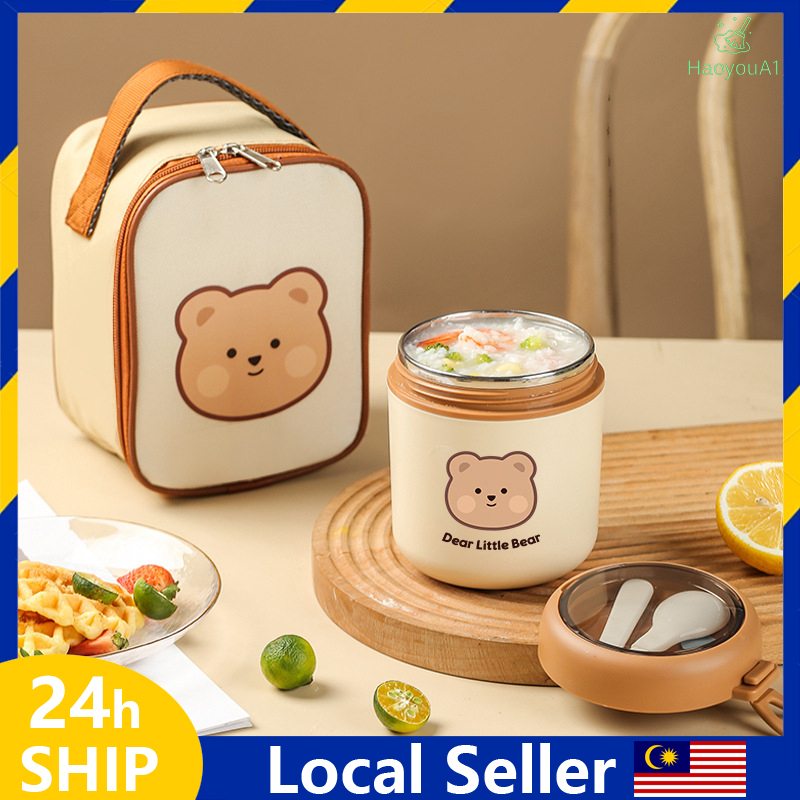 530ML Thermos Flask Soup Container Porridge Warmer Food Container 304 Stainless Steel Lunch Box with Spoon Bag Cute Little Bear Soup Cup