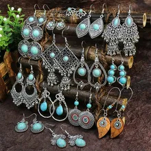 Classic Ethnic Turquoises Water Drop Earrings 2022 New Bohemian Hollow Geometric Bells Tassel Earrings Vintage Party Jewelry