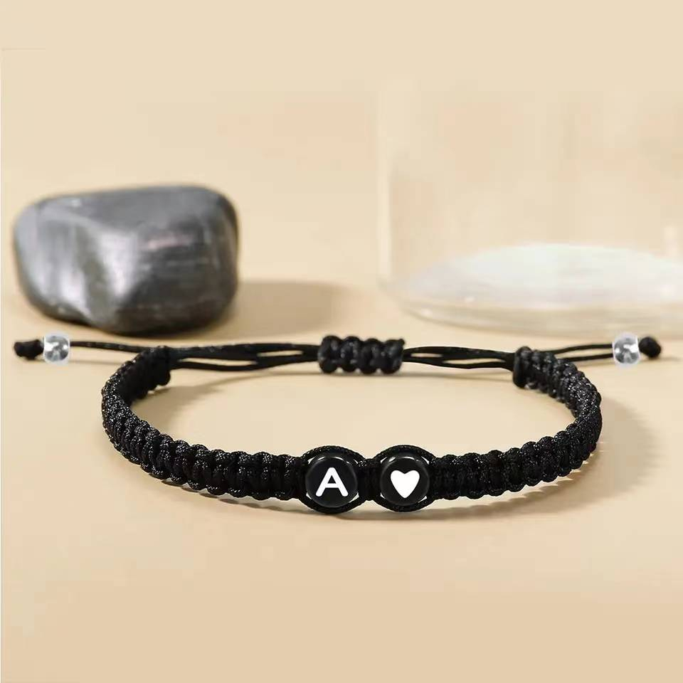 New Fashion A-Z 26 Letter Initial Heart Bracelet Couple Bestie Black Woven Rope Braided Adjustable Bracelets Gelang Huruf Hitam Korean Fashion Jewelry Accessories Gift