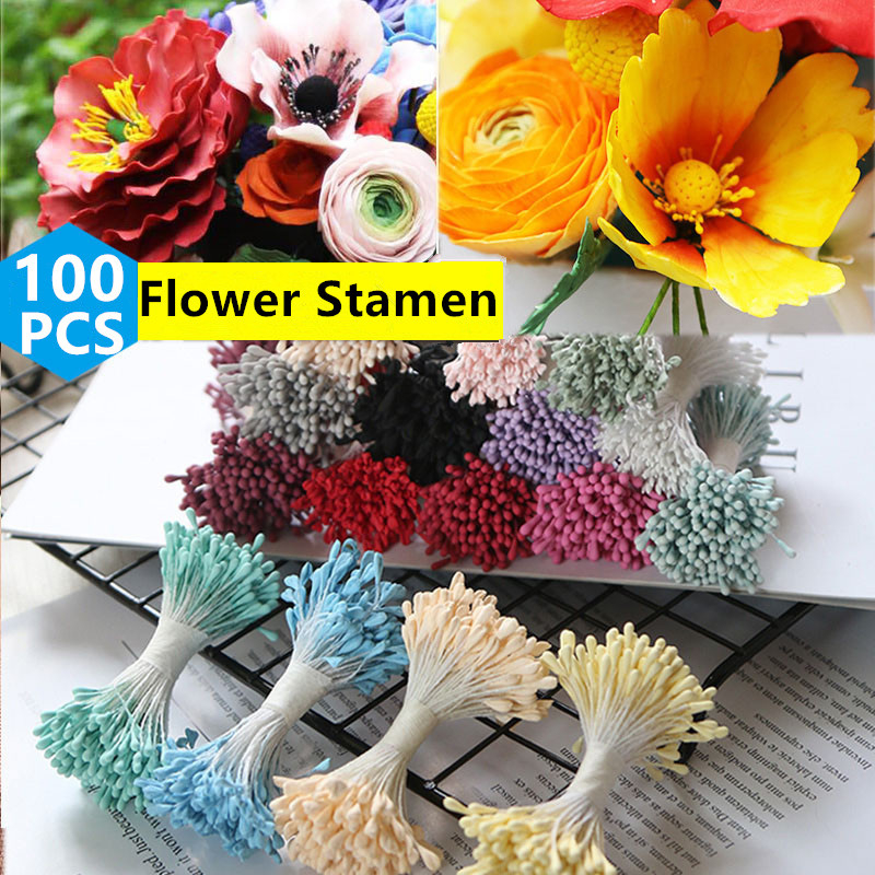 100PCS Flower Stamen Handmade Flower Stamen Pink Yellow Blue Green Purple Red White Artificial Stamen Pipe Cleaner Handmade Chenille Stems Accessory For Kids DIY Art Educational To