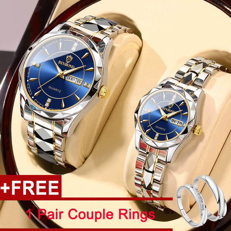Free Couple Rings2Pcs/set Couple Watches Dual Calendar Waterproof Stainless Steel Diamond Wristwatches Luminous Date Fashion Business Causal  Watches Valentine's Gift