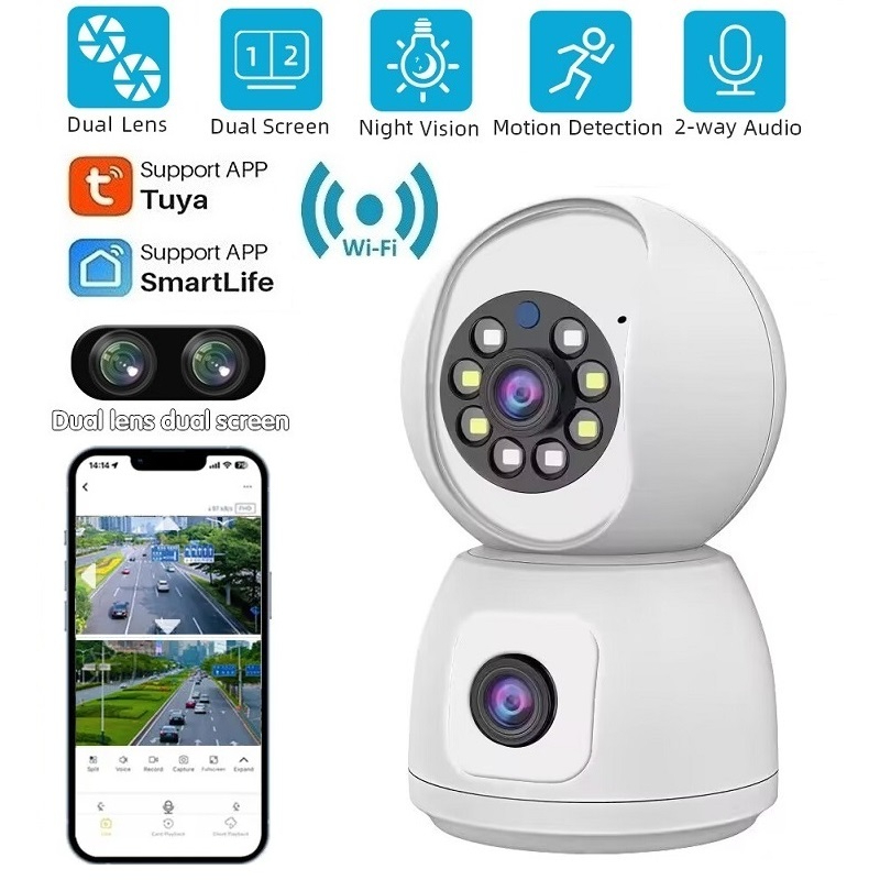 Tuya Smart 4MP Dual Lens WiFi IP Camera Dual Screen HD Colours Night Vision Auto Tracking Ai Human Detection Indoor Home Secuiry CCTV Video Surveillance