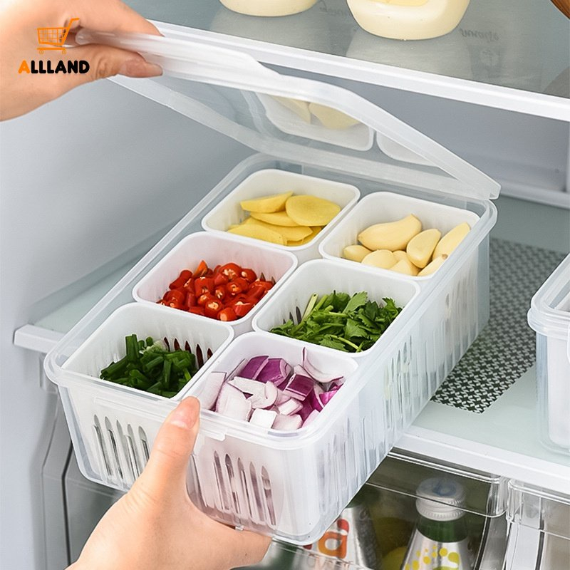 6 Grids Refrigerator Food Vegetable Fruit Storage Box/ Kitchen Chopped Green Onion Drain Divided Container