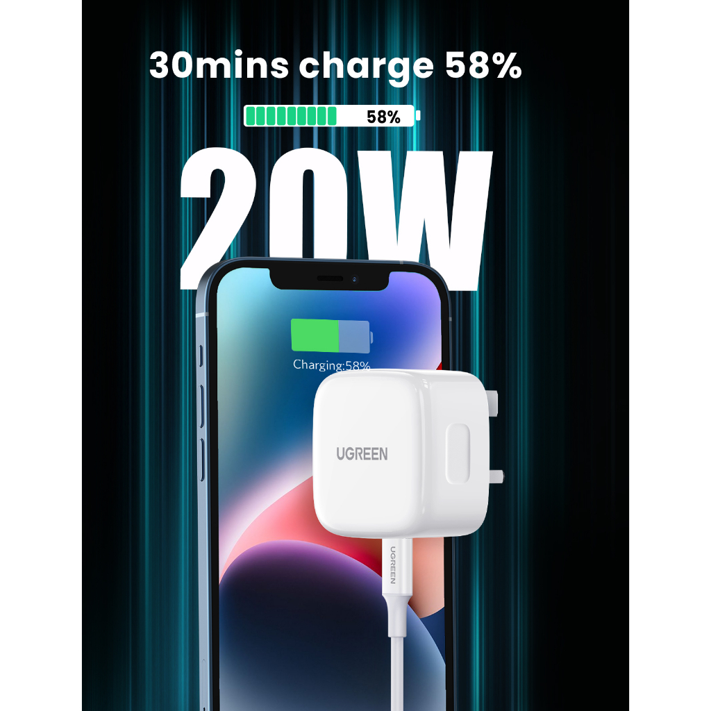 (warranty Policy)UGREEN Original Quick Fast 20W Power Delivery Charger compatible for iphone 14