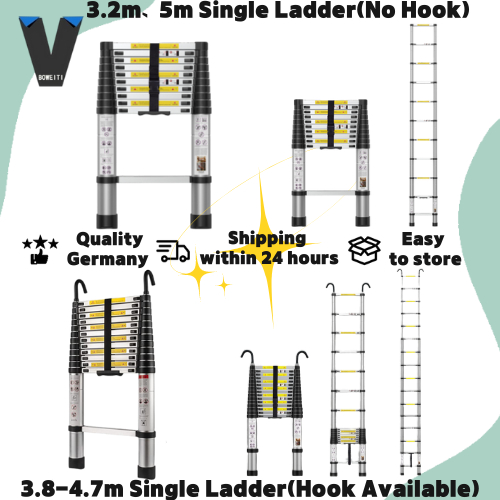 Boweiti Single Multifunctional Aluminum Foldable Retractable Ladder 5m/4.7m/4.4m/3.8m/3.2m/2.6m