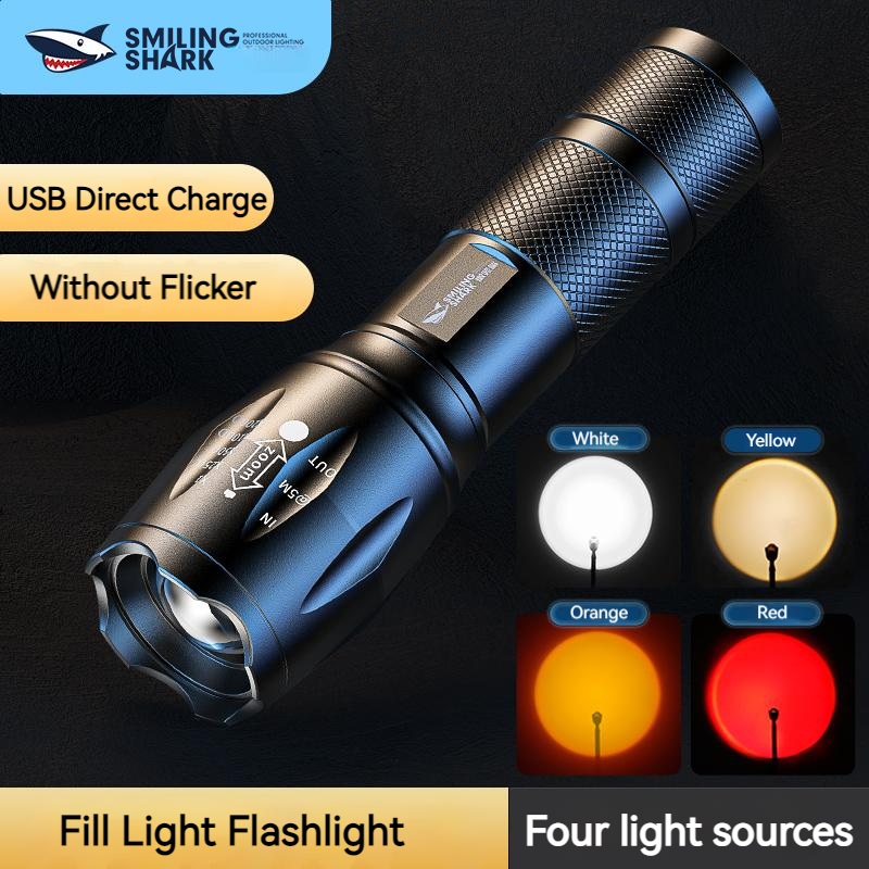 Smiling Shark SD1003 Led Torch Light Photography Super Bright Flashlight RGB White Yellow Orange Red Blue Green Purple Light with Tripod Photo Lighting USB Rechargeable Zoomable