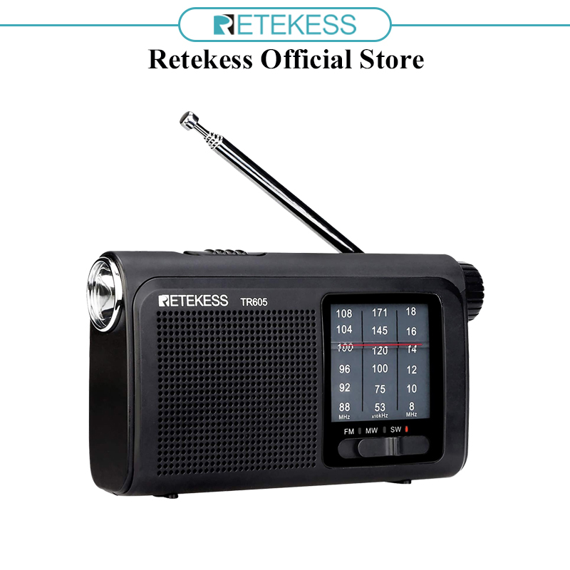 Retekess TR605 Radios Portable AM FM Transistor Radio 18650 Battery Operated 1200mAh Simple Radio with Flashlight Suit for Emergency and Elderly