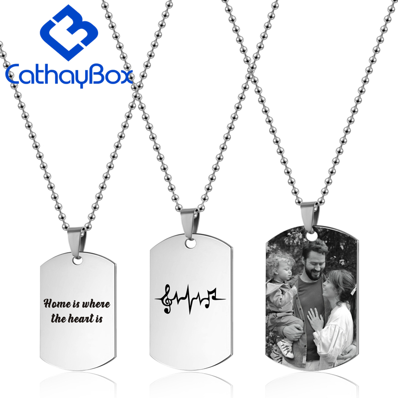 Custom Engrave Photo Text Men Jewelry Mirror Effect Silver Tone Stainless Steel Rectangular Dog Tag Pendant Necklace CB19A017