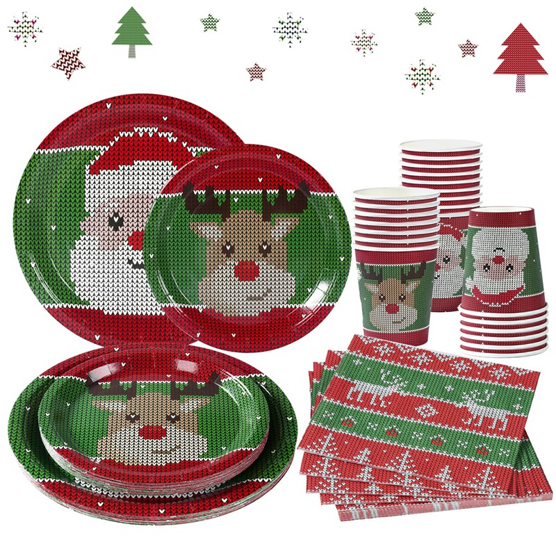 Christmas Ugly Sweater Theme Paper Cups Plates Napkins Santa Pattern Disposable Tableware Kitchen Dinner Home Decor Christmas Decorations for Home 2024