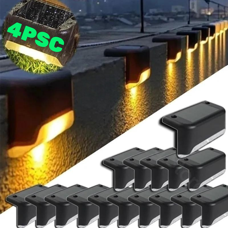 ?Malaysia stock?4 PCS Solar Fence Light Solar Stairs Step Deck Pathway Wall Light IP65 Waterproof Post Walkways Lights Outdoor Garden Lawn Path Yard Landscape Balcony Decoration LED Light Lampu Solar 