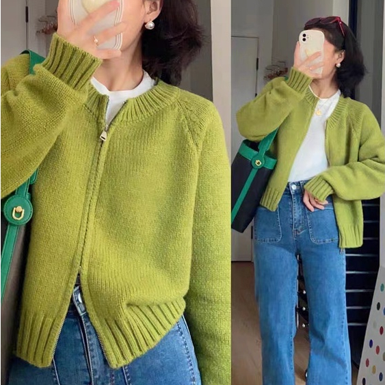 6 Colors Korean Style Women's Thick Sweater Double-Headed Zipper Cardigan round Neck Simple Green Knitted Cardigan Slimming All-Matching Short Sweater Female Elegant Knitwear