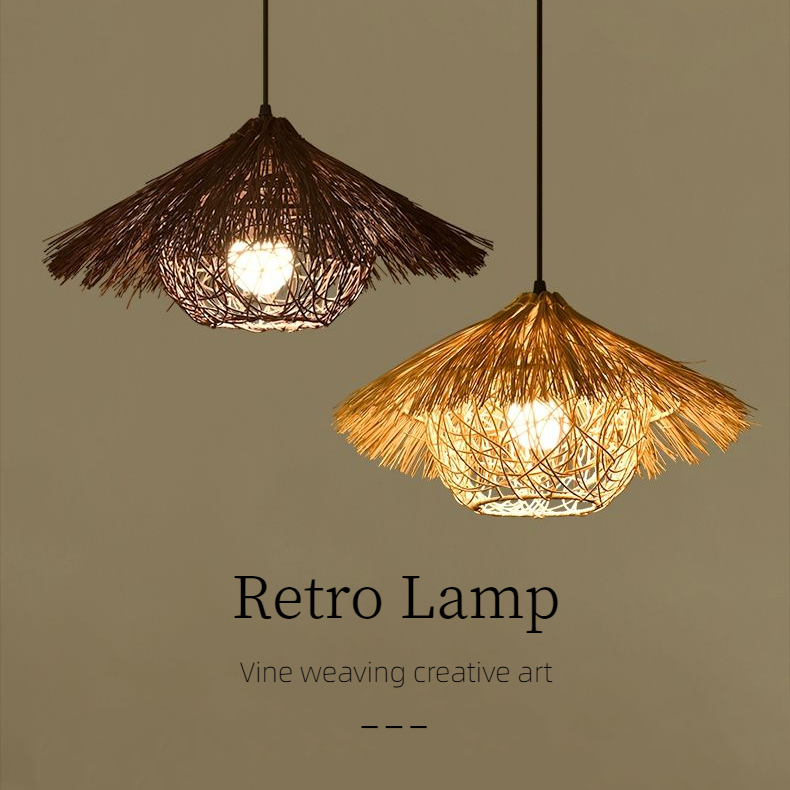 Vintage Chandelier Bar Table Lamps Rattan Woven Lampshade Pendant Light Restaurant Lamp Atmosphere Lamps Rural Bamboo Woven Lamp Straw Hat Chandelier Creative Lamp Pendant Lamp