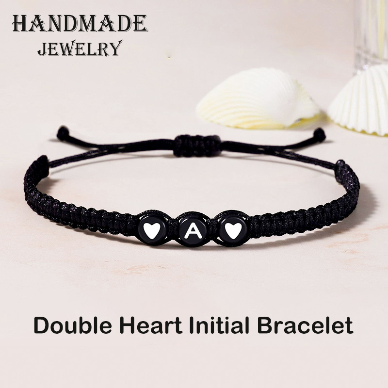 Double Heart 26 Letter Initial Bracelet Couple Bestie Black Handmade Braided Adjustable Bracelets Gelang Huruf Hitam Korean Fashion Jewelry Accessories Gift