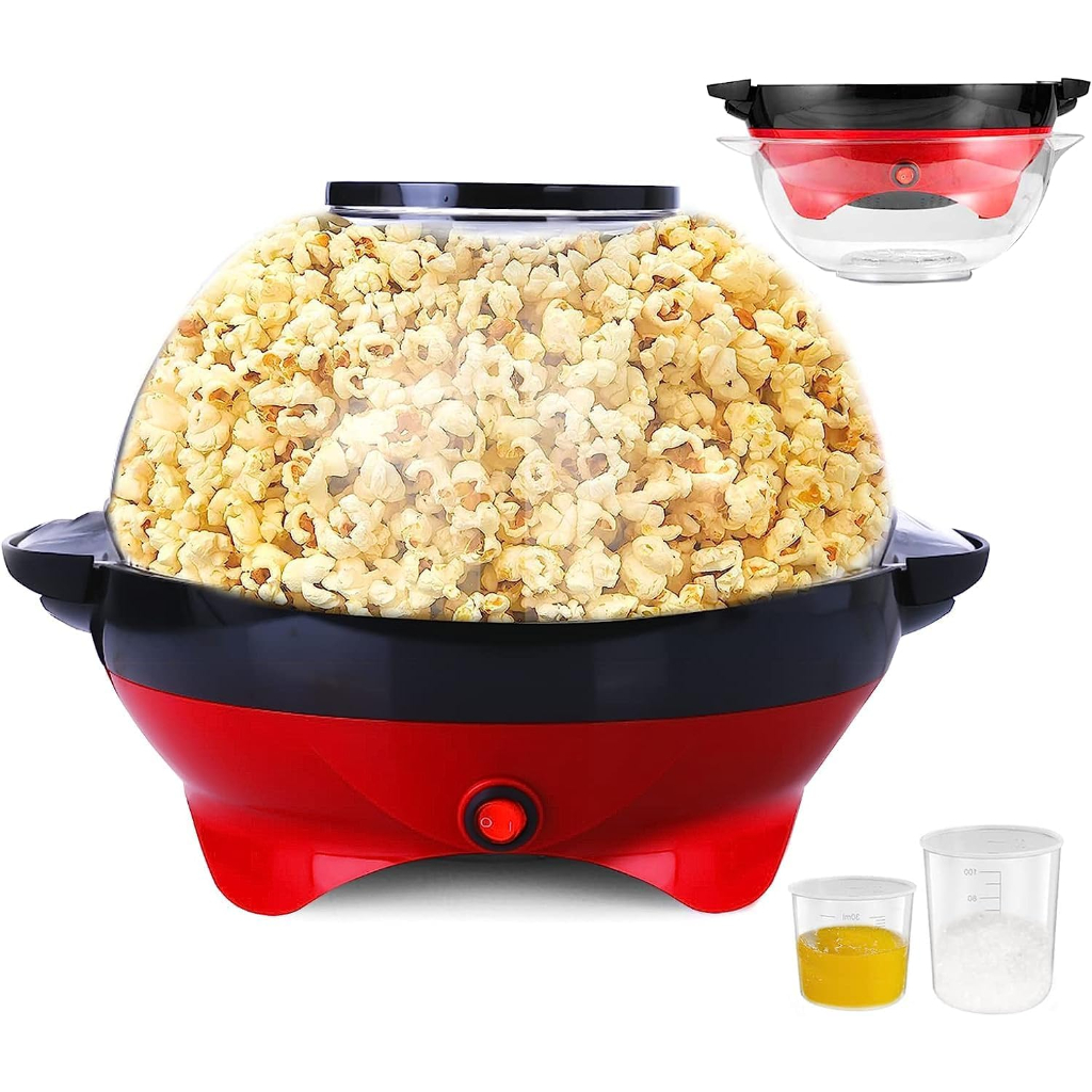 6 Quart Popcorn Machine, Electric Hot Oil Popcorn Maker Machine, Stir Crazy Popcorn Popper Machine,with Nonstick Plate & Stirring Rod, Large Lid for Serving Bowl and Two Measuring