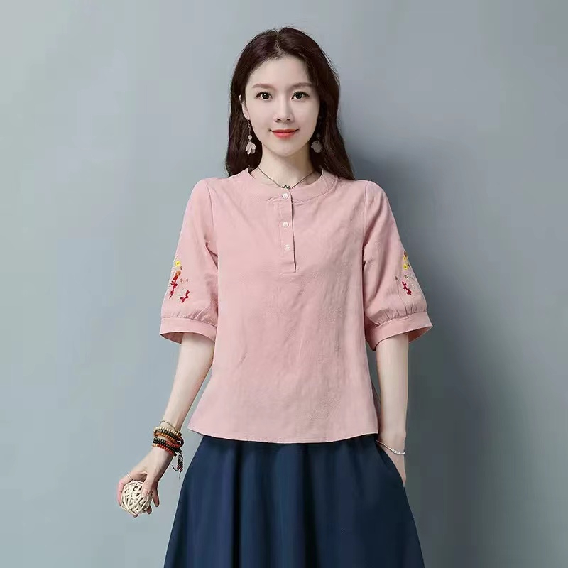 Cotton and linen ethnic style embroidery women's clothing 2023 summer new round neck mid-sleeve T-shirt casual versatile jacquard cotton top（with big size）