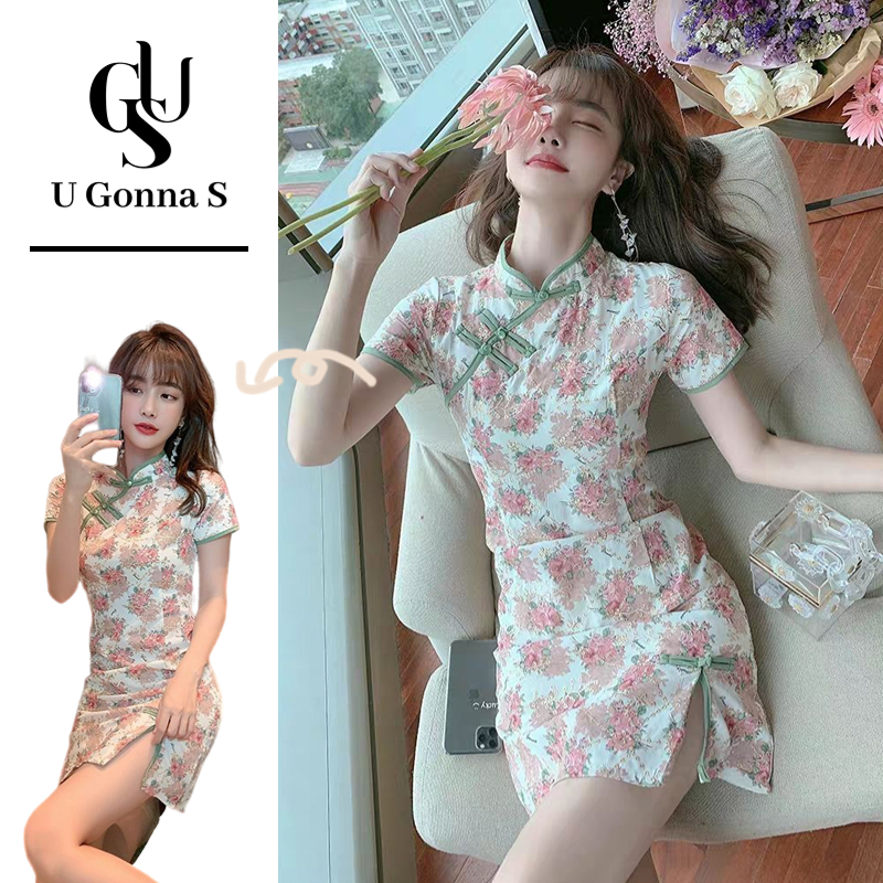 U Gonna S Chinese Dress for Women 2023 Cheongsam Improved Above the Knee Short Sleeve with Side Slit Fashion Sexy Elegant Design Slimming High-end