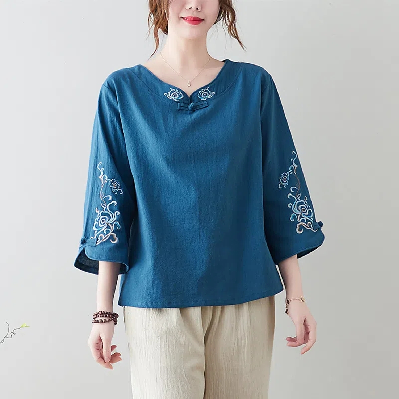 Ethnic style loose and thin, large size shirt T-shirt, women's summer foreign spring dress, cotton and linen thin top, Chinese style coiled buttoned top（with big size）