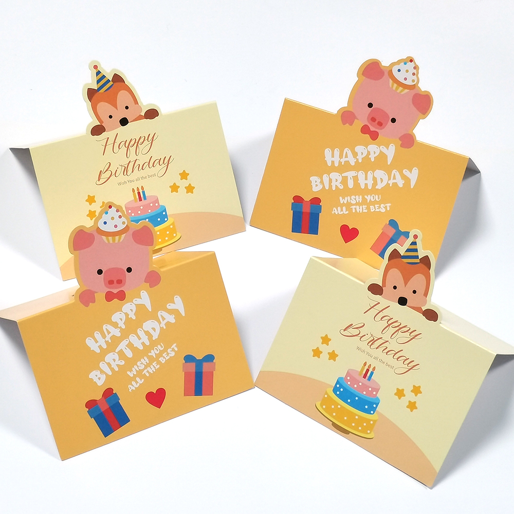 10 Pcs/Pack Happy Birthday Cards Cute Cartoon Piggy Fox Pattern Folding Card Birthday Greeting Card Handwritten Personalized Gift Card